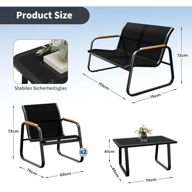 GarveeHome Gartenmöbel Set 4-TLG, Textilene Balkonmöbel Set mit Tisch, Sofa und 2 Stühlen, Stahl, Sitzgruppefür Garten, Balkon, Außen – Bild 2