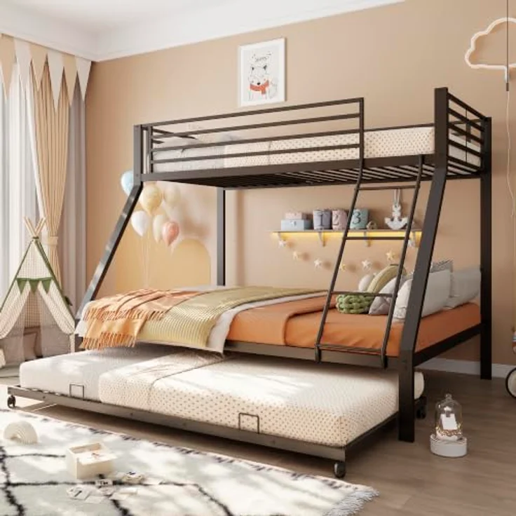 FAVSH Etagenbett 140x200 cm mit Ausziehbett 90x190cm aus Metall, Hochbett mit Rausfallschutz und Leiter, Geräuscharmes Doppelbett, rutschfest, für Jugendliche und Erwachsene, Schwarz E – Bild 1