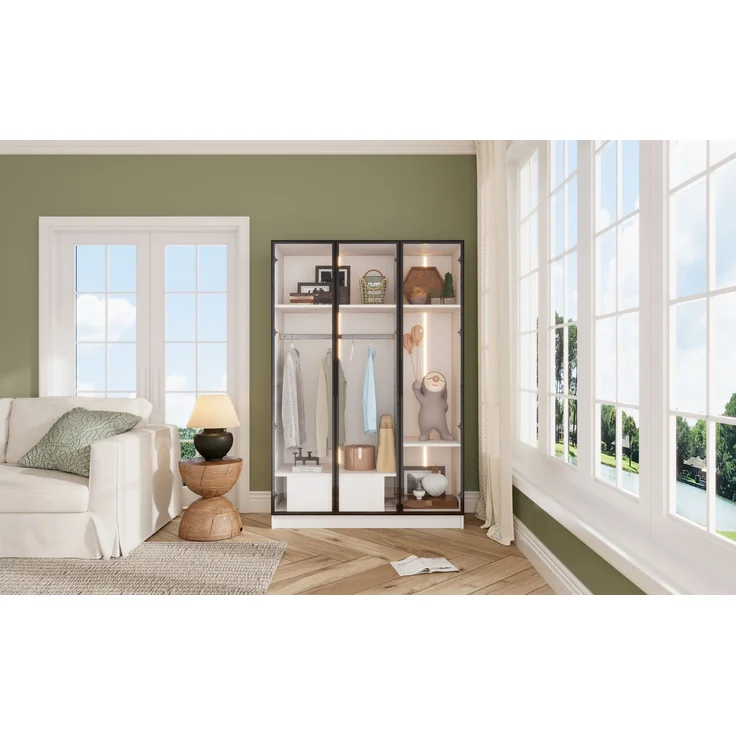 Kleiderschrank aus Spanplatte mit 3 Glastüren, Schublade & Kleiderstange, 110x50x160 cm, Weiß – Bild 7