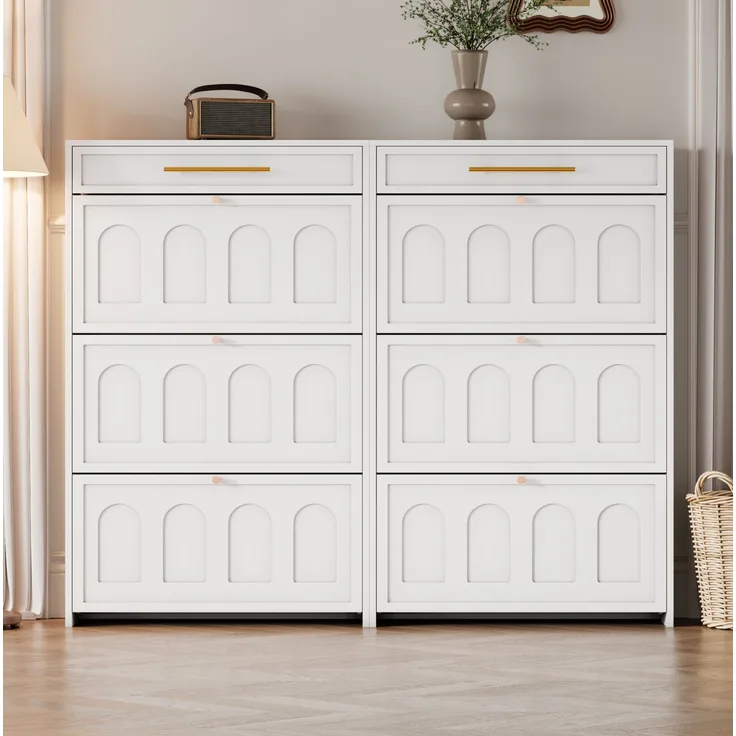 DESVIAE Schuhschrank mit 12 verstellbaren offenen Regalböden und 2 Schubladen 140x123,5x25 cm MDF Weiß