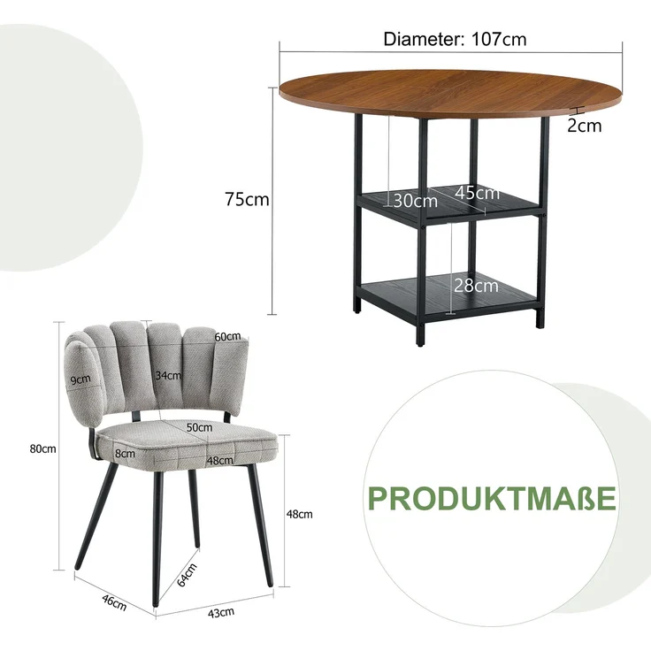 Esstisch-Set H 75 x T 107 x B 107 cm rund in Nussbaum-Optik mit 2 Stühlen, Stauraum-Ebene, MDF und Metallgestell – Bild 3
