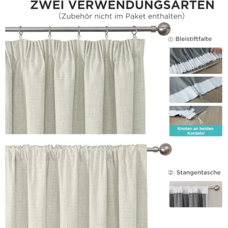 Joydeco 100% Verdunkelungsvorhänge Leinen Gardinen mit Kräuselband 2er Set H245xB140cm Hellbeige, Thermovorhang Kälteschutz Blickdicht Schallschutz Ideal für Wohnzimmer passt zu Schienensystemen – Bild 3
