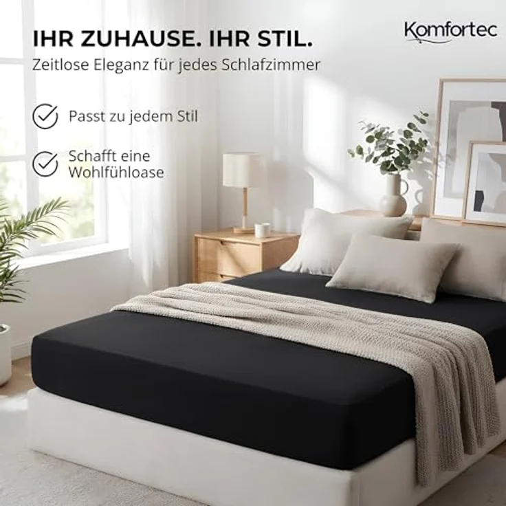 Komfortec Mikrofaser Spannbettlaken 160x200 cm – Weiches Spannbetttuch mit Rundumgummi – Fitted Sheet für Matratzen bis 30 cm – Schwarz – Oeko-Tex – Pflegeleicht & Hautfreundlich – 90g/m² – Bild 7