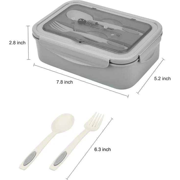 Lunchbox Bento Box Brotdose 3 Fächer Besteck Auslaufsicher Grau – Bild 4