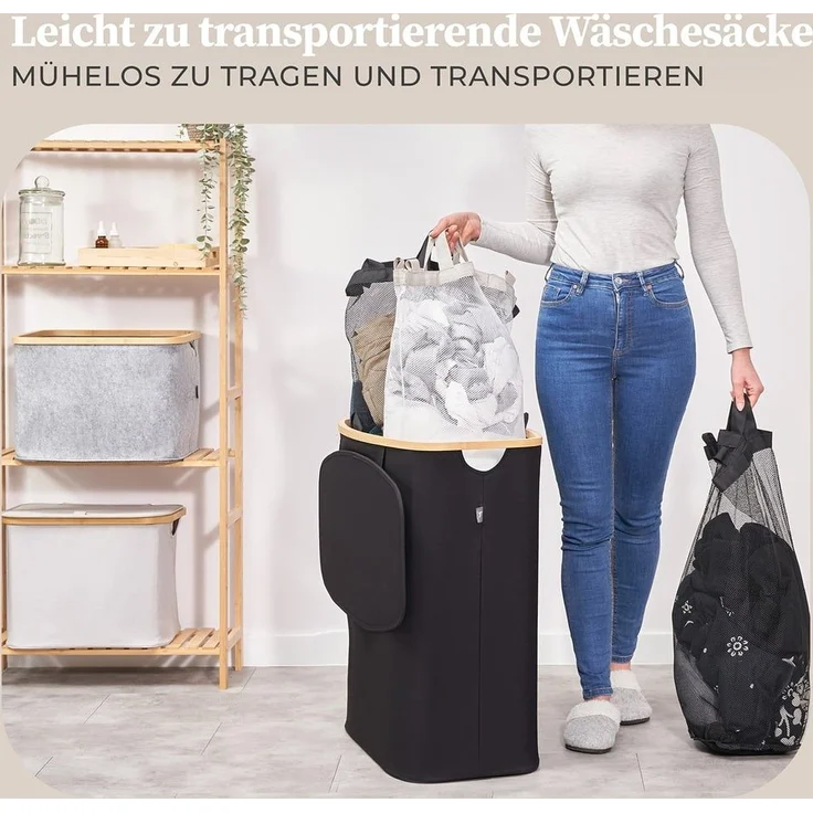 HENNEZ Wäschekorb Wäschebox 150L - Wäschekorb 3 Fächer mit Deckel, Wäschesortierer mit Wäschesack, schwarz Bambus – Bild 5