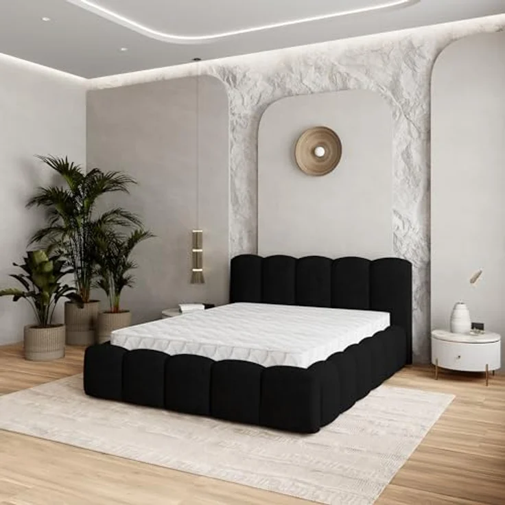 Masseno Polsterbett FALINA 140x200 cm schwarz, mit Bettkasten, Lattenrost und gepolstertem Kopfteil – Bild 2