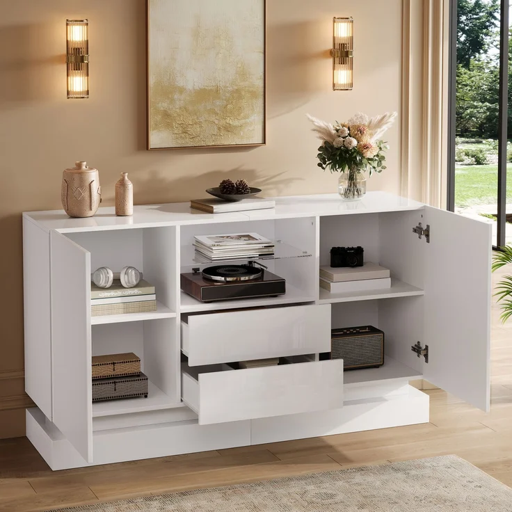 DESVIAE Sideboard Weiß aus Spanplatte – 140x80x40 cm – 2 Schubladen, LED-Beleuchtung – Bild 2
