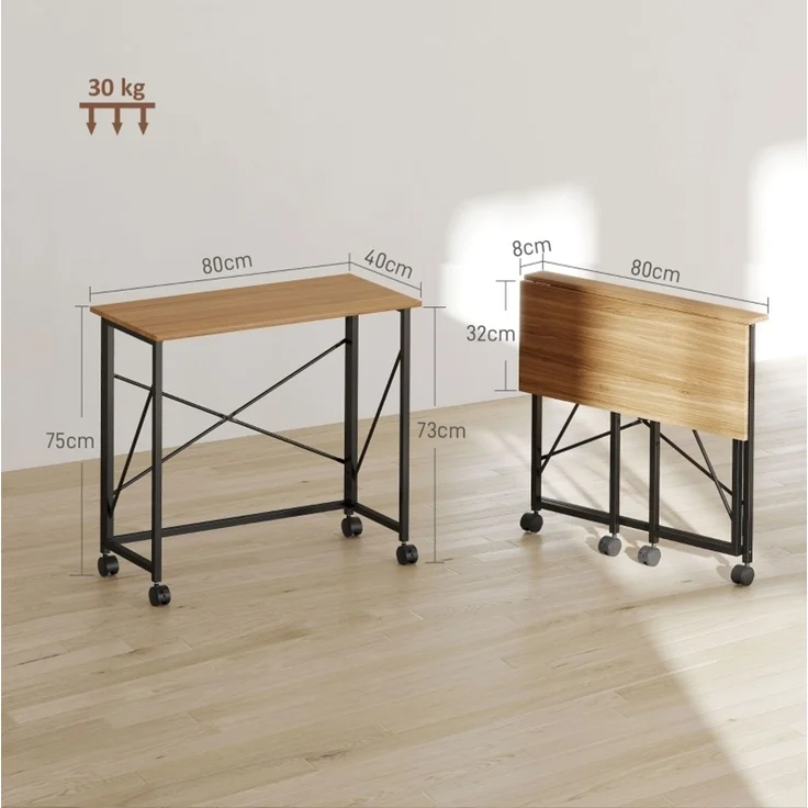 Klappbarer Schreibtisch mit 4 Rollen und Stahlrahmen aus MDF, 80x40x75 cm, Eiche – Bild 3