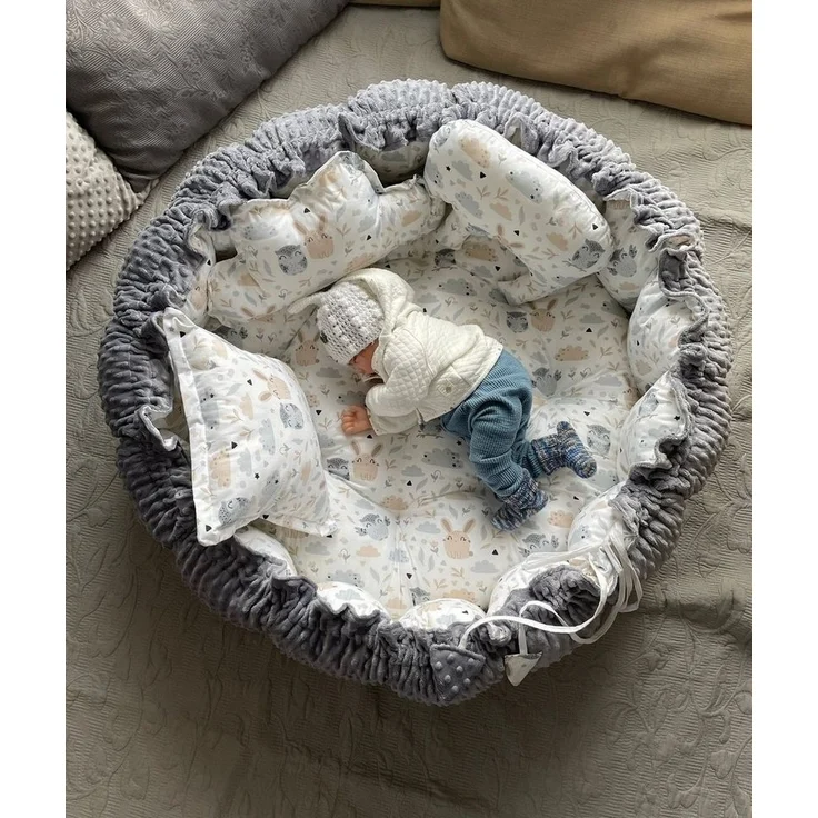 Loolay Bettnestchen MINKY Graphit/ HASE Beige-Weiß ENGELSNEST Babynest, Unterlage, (PREMIIUM XXL als Nestchen Ø90cm, als Krabbeldecke Ø155cm, Original LOOLAY® Babynestchen Spielmatte Reisebett ►SETS MIT ZUBEHÖR), 100% Europäische Stoffe und Kleinserien... – Bild 2