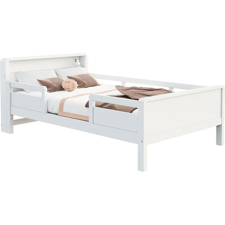 EINHOM Holzbett 90 x 200 cm, USB- und Tape-C-Kombi-Steckdose, Kleine LED-Leuchte, Kopfteil mit Ablagefunktion, Kinderbett, Einzelbett, Multifunktionsbett, Kiefernholz, Weiß, (Ohne Matratze) – Bild 7
