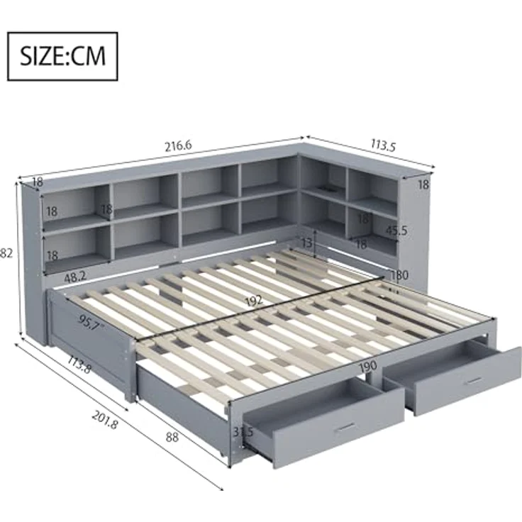 Ball & Cast Stauraumbett (90/180x190 cm) mit Schublade, Schlafsofa mit Vielen Ablagefächern + Multifunktionale Euro-Steckdose, Einfach & Zeitsparend Montierbar, Grau – Bild 2