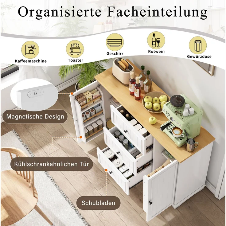 Sideboard 126 x 40 x 86 cm in Weiß mit 3 Schubladen und verstellbaren Einlegeböden – Bild 6
