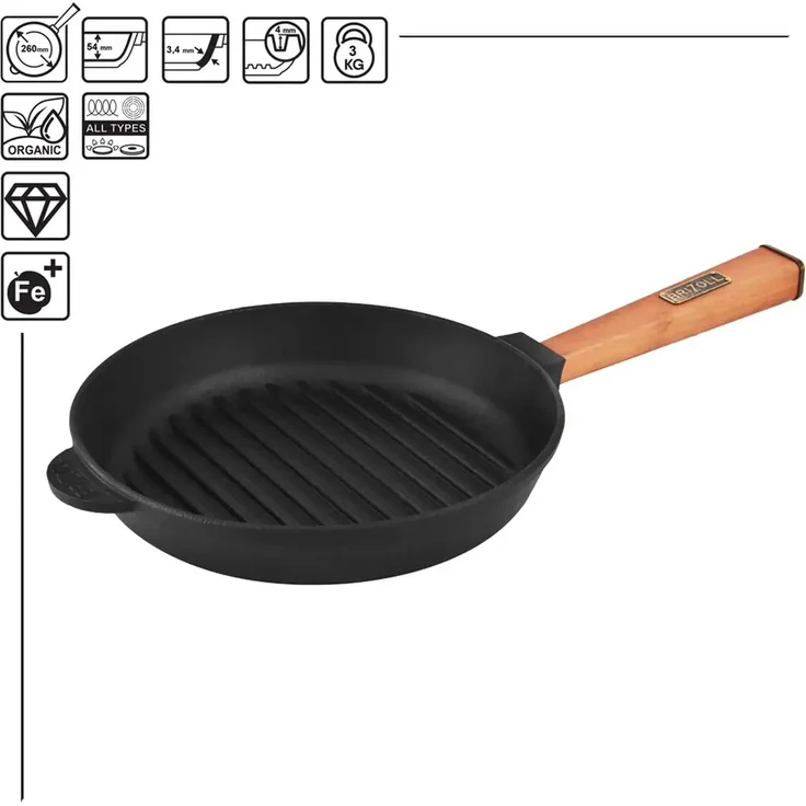 Ø26cm Grillpfanne aus Gusseisen mit Glasdeckel Induktion Holzgriff Bratpfanne Pfanne Feuerpfanne – Bild 4