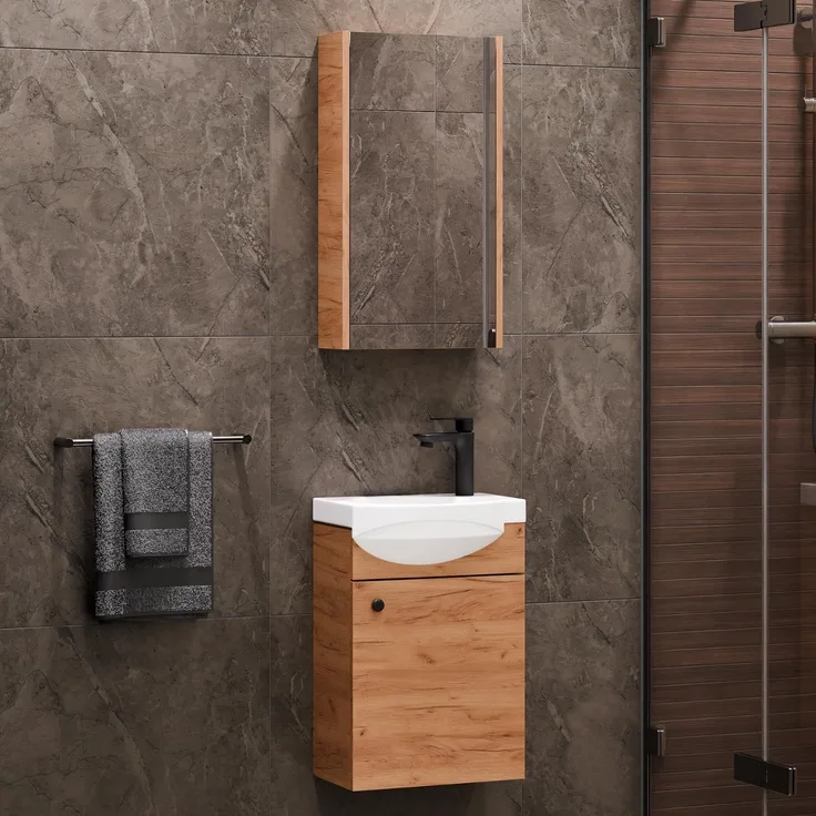 Planetmöbel Waschtisch und Spiegelschrank 40cm Gold Eiche, Waschtischunterschrank hängend mit Waschbecken, Badmöbel Set für Badezimmer