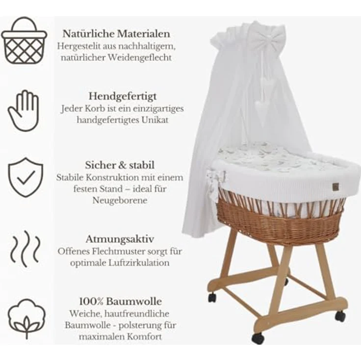 Wiklinopol Stubenwagen aus Weide mit Baldachin und Gestell Lena – Moseskorb in Natur, Komplettset mit 5-TLG. Waffel-Bettwäsche Gänschen Weiß – Mit Rollen, Tragbar, Sicher – Bild 3