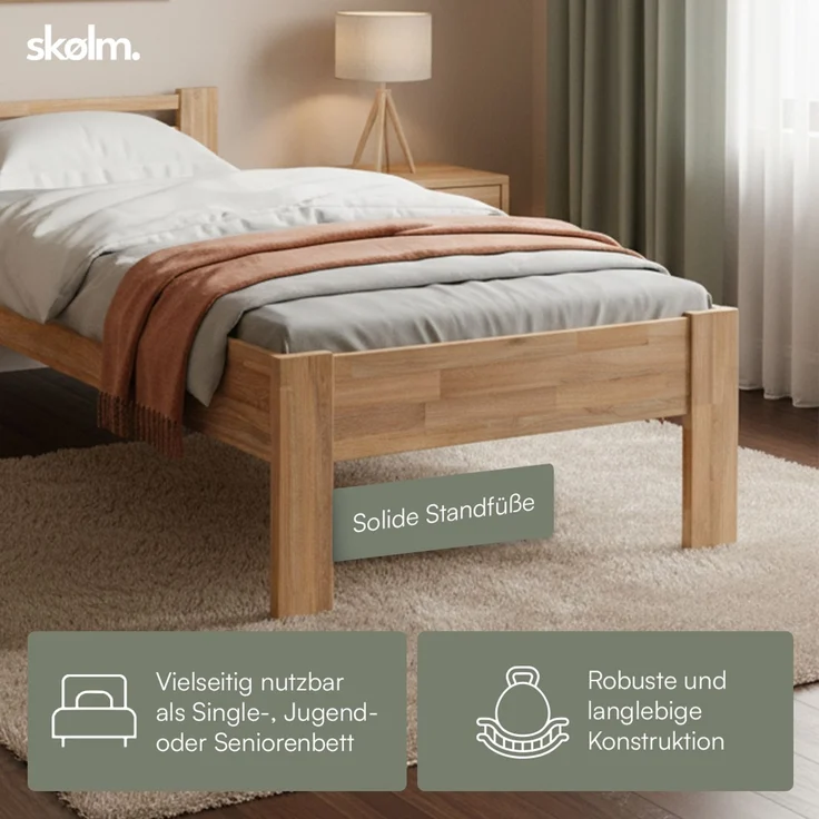 skølm 'Fenrir' Bett 100x200 cm, natur geölt, Massivholz Eiche, Seniorenbett mit Komforthöhe 51 cm, Massivholzbett geeignet ein Einzelbett – Bild 5