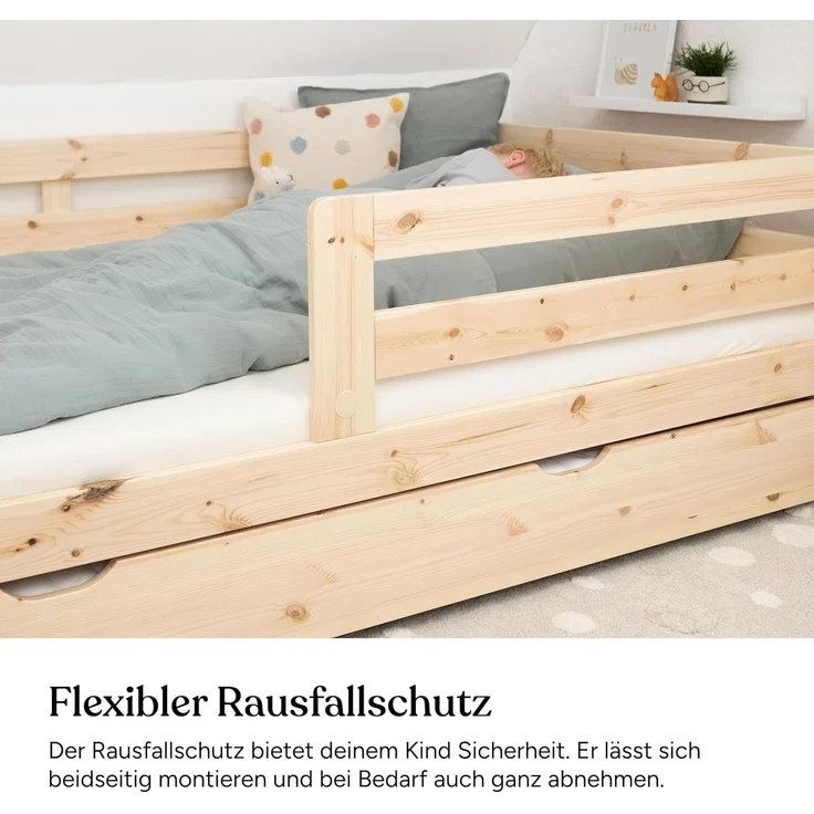 Ehrenkind Kinderbett aus massivem Kiefernholz mit Rausfallschutz in Natur und Weiß (Jugendbett in weiß, Kinder Bett), Kinderbett 120x200 cm – Bild 7