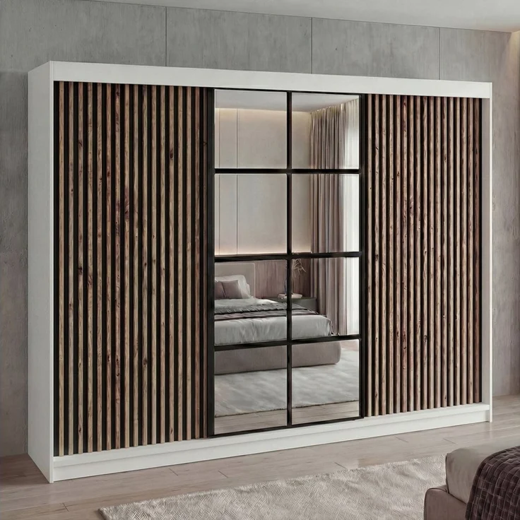 A&J MöbelLand 'NORIVO' Schwebetürenschrank, 200 cm, mit Spiegel und 3D-Lamellen, Weiß, Lamellen: Schwarz, Premium + – Bild 2