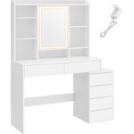 VASAGLE Schminktisch mit LED-Beleuchtung, einstellbare Helligkeit, Frisiertisch mit Spiegel, Kosmetiktisch mit Schubladen, offenen Fächern, verstellbaren Ablagen, modern,97. 5cm,wolkenweiß von SONGMICS