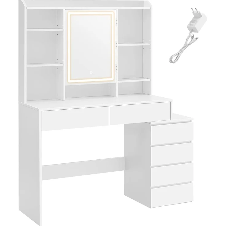 VASAGLE Schminktisch mit LED-Beleuchtung, einstellbare Helligkeit, Frisiertisch mit Spiegel, Kosmetiktisch mit Schubladen, offenen Fächern, verstellbaren Ablagen, modern,97. 5cm,wolkenweiß von SONGMICS – Bild 1