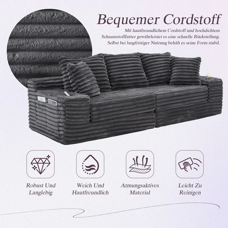 ZUBALIYA Schlafsofa 98x87 cm, mit Stauraum, mit Treppe, mit Leiter, mit Cordbezug, mit Schaumstoffpolsterung, Dunkelgrau – Bild 4