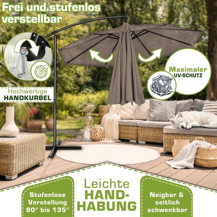 tillvex Sonnenschirm Cappuccino Ø 300 cm Ampelschirm Gartenschirm Marktschirm Kurbel Balkon Alu Neigbar – Bild 3