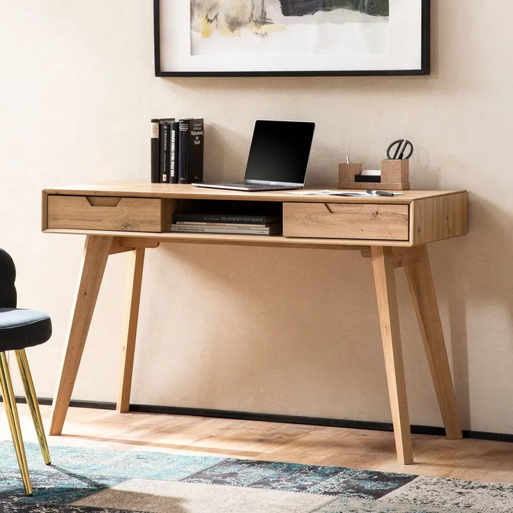 Wohnling Schreibtisch 120x55x77cm Eiche Dekor Skandinavisch mit Stauraum & Schubladen Massivholzbeine Braun