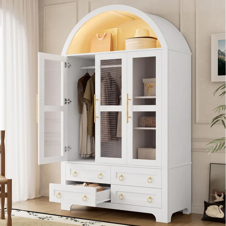 Kleiderschrank 110 x 50 x 186 cm mit 3 Glastüren, 4 Schubladen und App-steuerbarer LED-Beleuchtung – Weiß – Bild 1