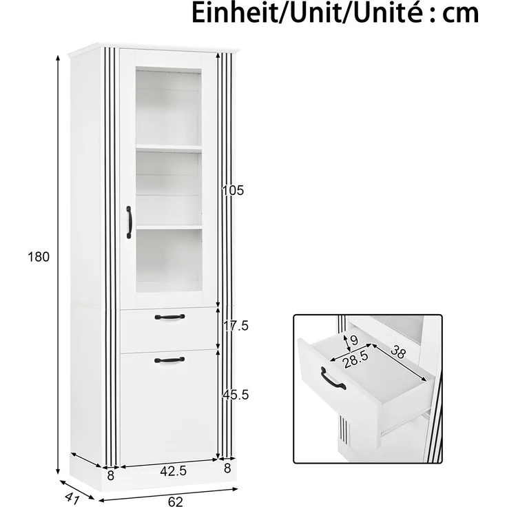 Vitrinenschrank mit Spiegeltür, App-gesteuerter LED-Beleuchtung, Schublade und Stauraum, Vitrinenschrank mit Ablagefächern, PB-Korpus, Aluminiumgriffe – Bild 7