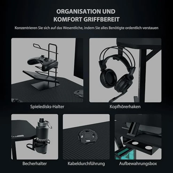 SENSE7 Schreibtisch Nomad Basic, Gaming Tisch 100x50, PC Tisch mit Kopfhörerhaken, Getränkehalter, Controller Halter, Gaming Computertisch mit Kohlefaseroberfläche, Ergonomischer Gaming Desk – Bild 8