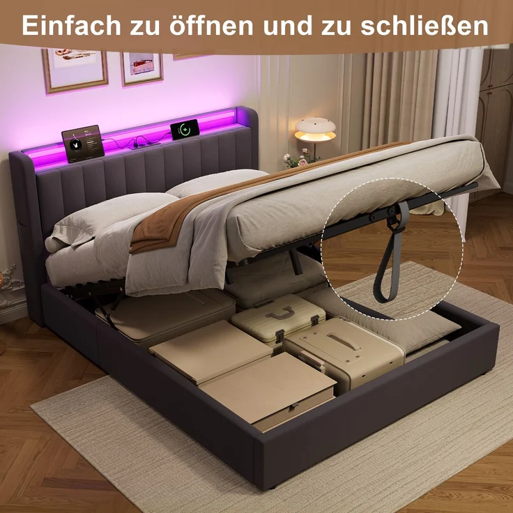 Polsterbett 160 x 200 cm aus Samt mit Stauraum, USB-Anschluss und LED-Beleuchtung, Dunkelgrau – Bild 10