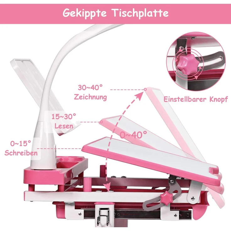 COSTWAY Kinderschreibtisch inkl. Stuhl und Lampe, rosa – Bild 7