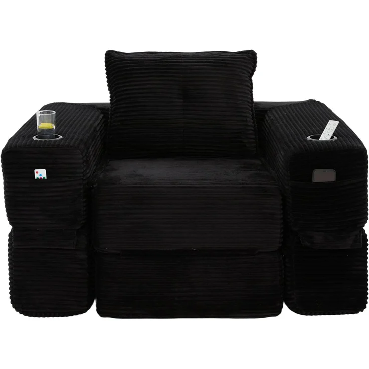 Klappsofa aus Cord mit Federkern, Getränkehalter, 122x98x80 cm, Schwarz – Bild 6