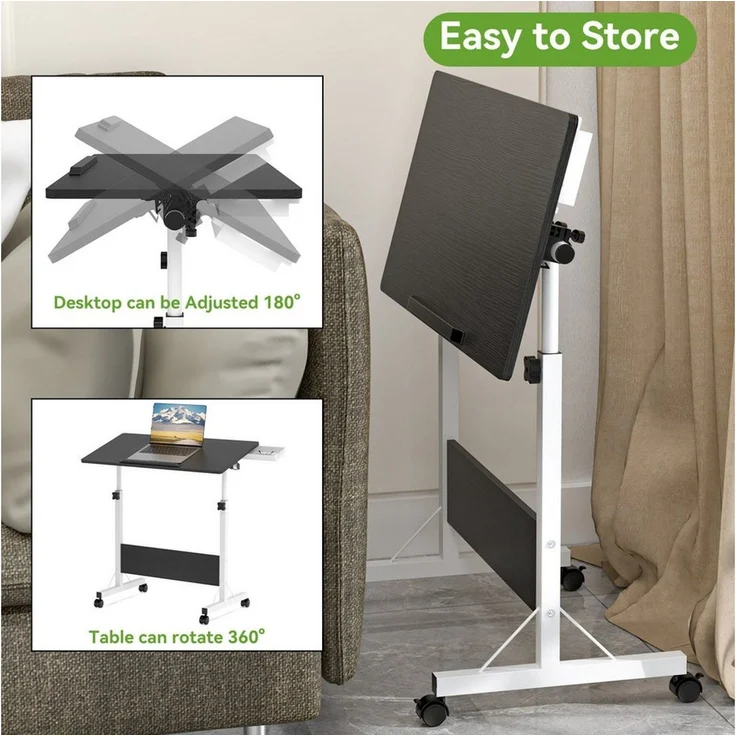 JEOBEST Computertisch Stehpult Höhenverstellbar Schreibtisch, Beistelltisch fürs Sofa, (Laptoptisch, 1-St) 180° Drehbaren Tischplatte, 4 Mobiler Rollen – Bild 2