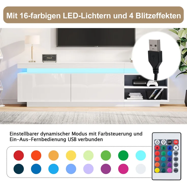 Merax Moderner Lowboard Hochglanz-TV-Schrank mit LED-Beleuchtung, TV-Board, TV-Kommode, geeignet für 75-Zoll-TVs,Tisch, universeller Gaming-Medienständer, Aufbewahrungsschrank und großer Stauraum, weiß – Bild 6