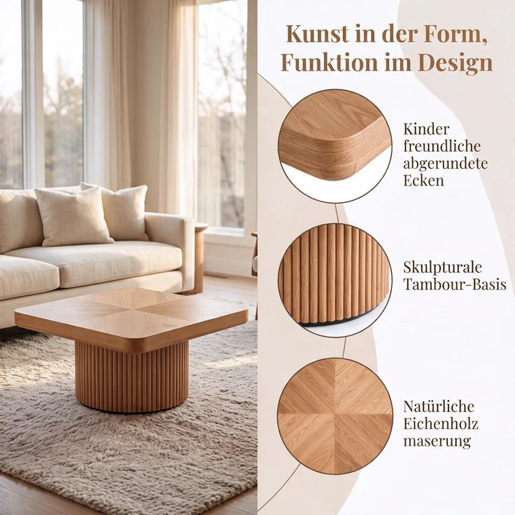 EINHOM 78 cm Holzcouchtisch mit Rillen-Zylinderbasis, Abgerundet-Quadratischer Dicker Tischplatte, Moderner Landhaus-Tisch, Einzeln oder 2-Teilig Kombinierbar, Einfache Montage, Naturholz – Bild 7