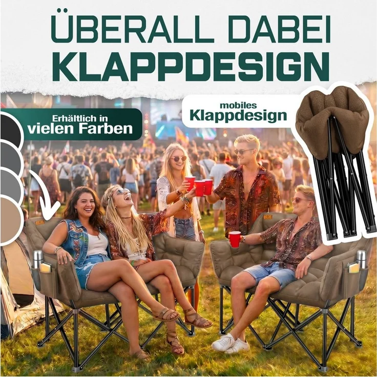 KESSER® Campingsofa faltbar 2 Personen - 300 kg, Campingcouch breit, gepolstert mit Seitentaschen & Tasche, Faltsofa Duo, Campingstuhl Indoor & Outdoor, Camping, Festival, Angeln & Garten – Braun – Bild 4