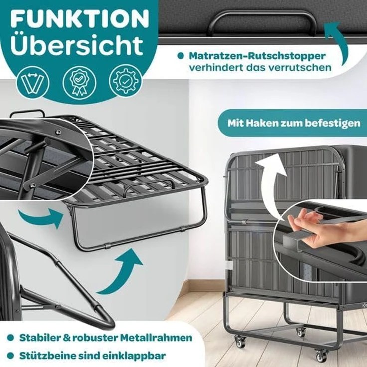 KESSER® klappbares Gästebett inkl. Matratze aus Memory-Schaum, Reisebett, belastbar bis 250kg, mit Metallrahmen, Rollen & Cover, Anthrazit, 33 x 90 x 200 cm – Bild 3