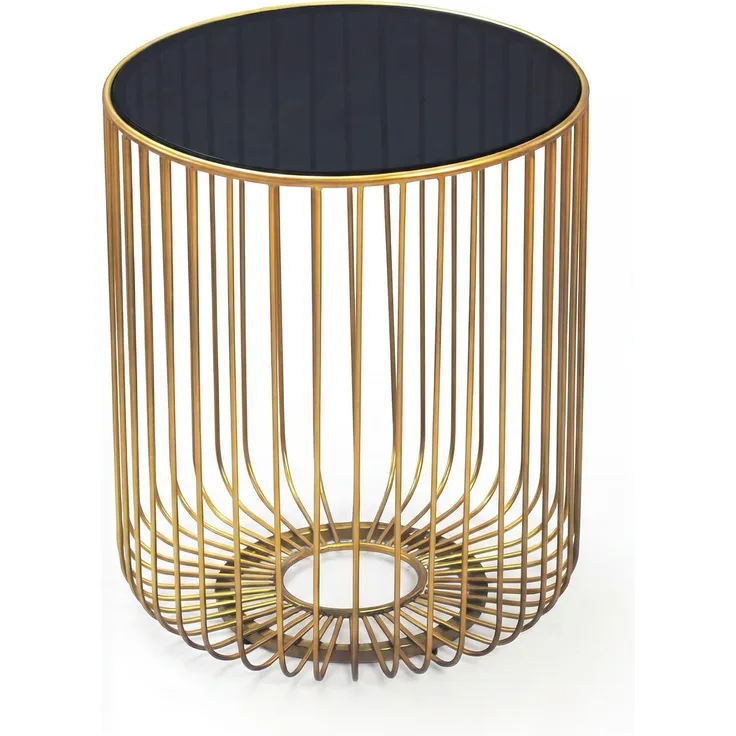 Beistelltisch Glas Metall 40cm Gold Rund - Moderner Anstelltisch - Design Sofatisch Couchtisch Drahtkorb - Loungetisch mit Gittergestel - Runder Wohnzimmertisch Klein Handmade