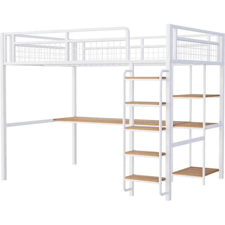 Metall-Hochbett 140x200 cm mit Sicherheitsleiter, Unterbetttisch, Regal, Eisenlattenrost, Kinderbett – Bild 9