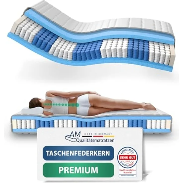 AM Qualitätsmatratzen Hochwertige 7-Zonen Taschenfederkernmatratze 80x180 cm - 24 cm Premiumhöhe - Tonnentaschenfederkernmatratze 80x180 cm - H2