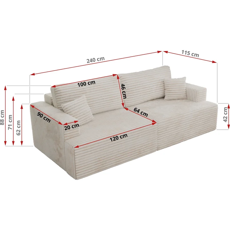 Sofa mit DL-Schlaffunktion, 4-Sitzer Sofa, Bettkasten, 240 x 115 x 88 cm, lose Kissen, Armlehnen - VIRELLA - Beige Cord – Bild 7