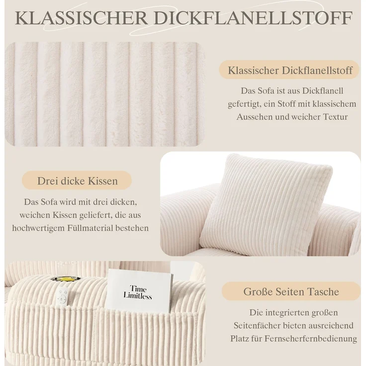 LVHOM Ecksofa 3 sitzer, Bodensofa mit Seitentaschen und Getränkehalter, Polstersofa aus Cordstoff, frei Kombination, Modulares Chaiselongue-Sofa-Set, 253x158x61 cm – Bild 6