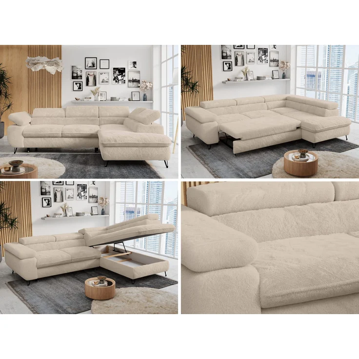 Ecksofa mit Bettfunktion, Modern Sofa, L-form, Einstellbare Kopfstützen, Bettkasten - PETER - Creme Plüsch - Topper T25 - rechts – Bild 2
