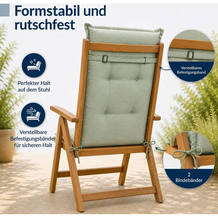 BURI 2x Auflagen Set Hochlehner für Gartenstühle 119x49x6cm Sesselauflagen Polster UV Lichtecht - Gartenstuhlauflagen Stuhlkissen mit Dicker Schaumstoff Füllung (Dunkelgrün) – Bild 4