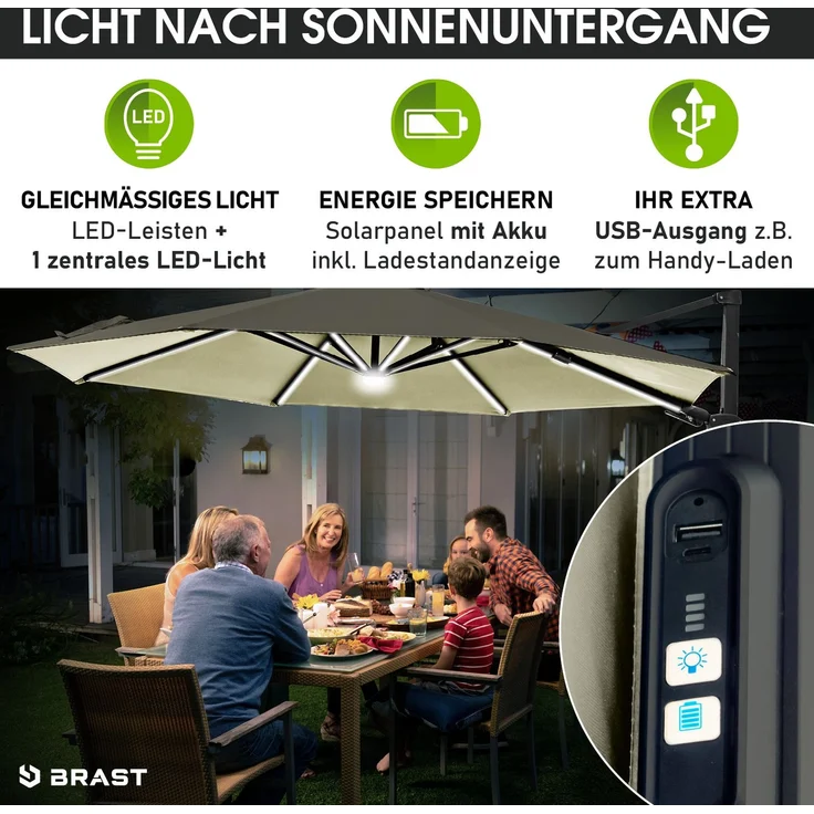 BRAST Alu Sonnenschirm Ampelschirm Ø360cm Beige + LEDs Windsicherung & Schützhülle UV-Schutz 80+ wasserabweisend mit Kurbelvorrichtung drehbar schwenkbar & höhenverstellbar – Bild 6