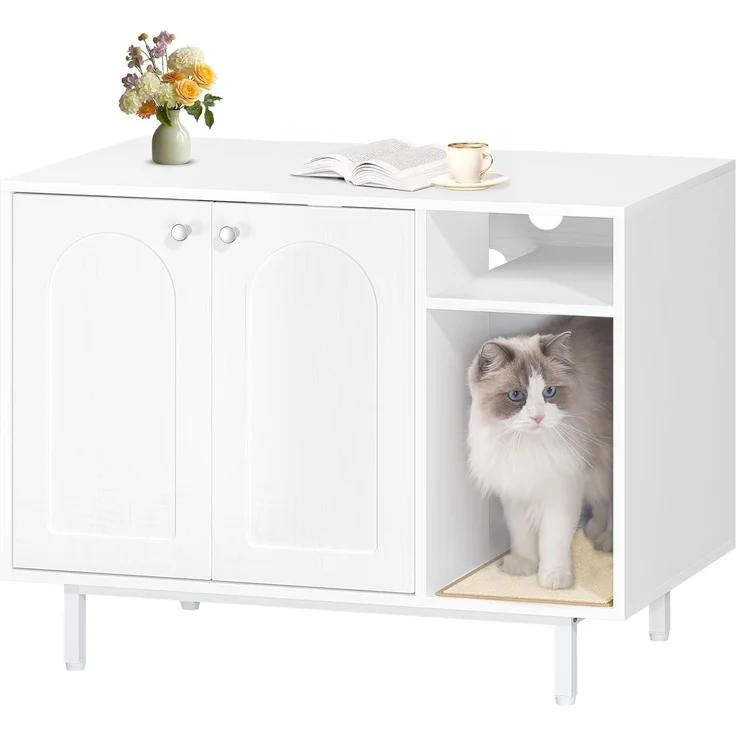 Katzenschrank, Katzentoilette, Katzenklo Schrank, Katzenhaus mit Tür und separater Trennwand, 80 x 50 x 61 cm, Stabile Katzenschrank, Sitzbank, Weiß – Bild 2