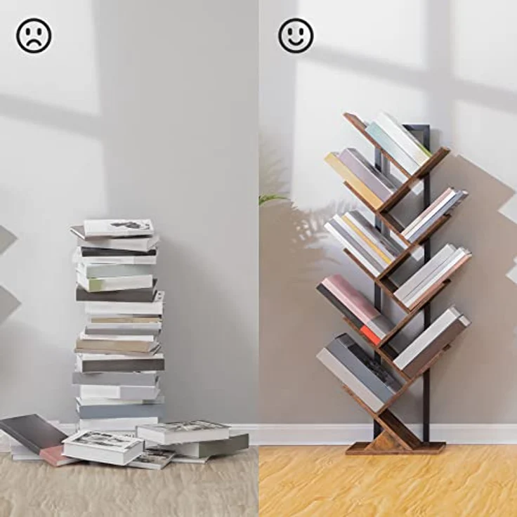 HOOBRO Bücherregal, Standregal mit 9 Ebenen, Holz DVD Regal, in Baumform, Metallgestell, für Wohnzimmer, Arbeitszimmer, Kinderzimmer, Vintagebraun EBF08SJ01G1 – Bild 6