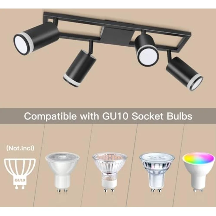 Dehobo LED Deckenstrahler 4 Flammig Schwarz GU10, Deckenlampe Strahler Schwenkbar 350°, Deckenspots für Küche Schlafzimmer Wohnzimmer, Ohne Leuchtmittel – Bild 5