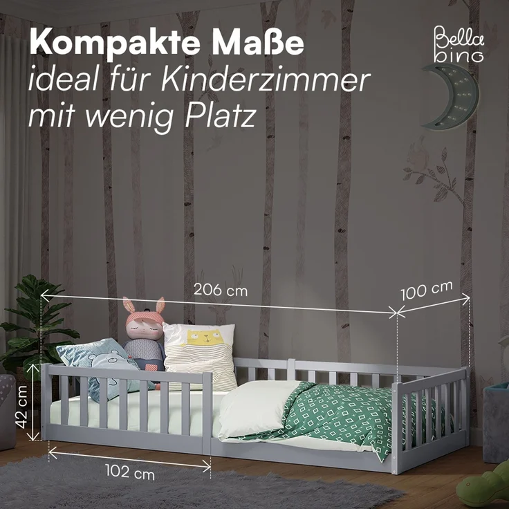 Bellabino 'Vere' Bodenbett 90x200 cm, grau, Massivholz Kiefer, Montessori Kinderbett mit Rausfallschutz und Lattenrost – Bild 8
